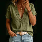 ZOFIA ATELIER EWA casual green ramie V-neck blouse with grommet detail and short sleeves