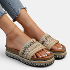 ZOFIA ATELIER Urszula Exotic Sandals with woven straps, beads, and a platform sole. Round toe.