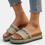 ZOFIA ATELIER Urszula exotic platform slide sandals with woven straps, beads, and colorful geometric pattern. Round toe, cork sole.