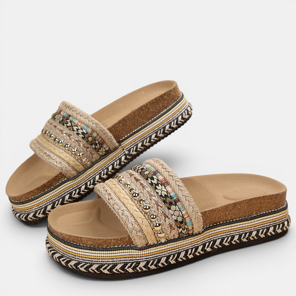 ZOFIA ATELIER Urszula Exotic Sandals with beaded straps, round toe, and platform sole in brown, red, blue, black.