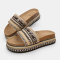 ZOFIA ATELIER Urszula Exotic Sandals with beaded woven straps in brown, red, blue, black and tan. Round toe platform slippers.