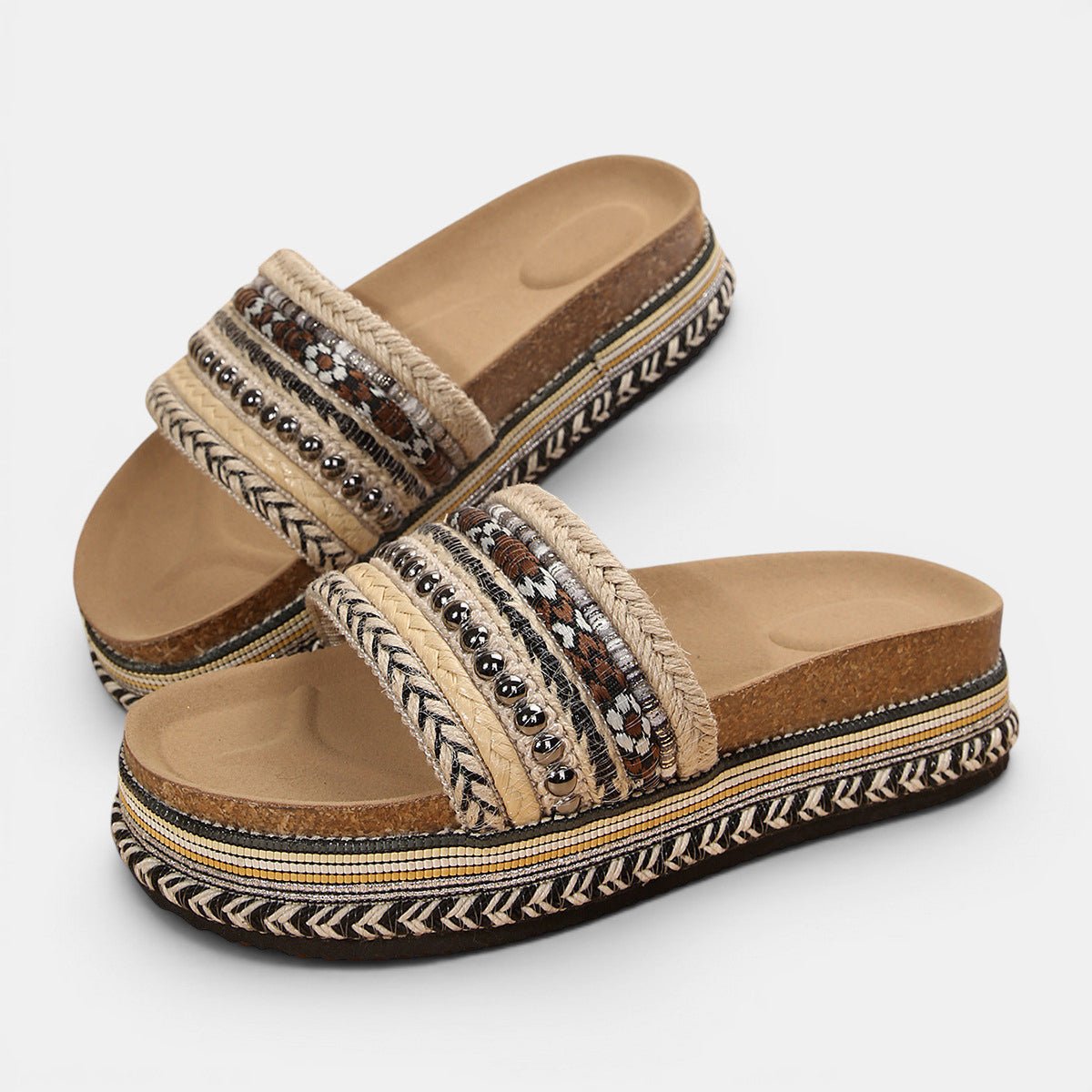 ZOFIA ATELIER Urszula Exotic Sandals with beaded woven straps in brown, red, blue, black and tan. Round toe platform slippers.