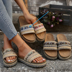 ZOFIA ATELIER Urszula exotic sandals with colorful woven straps and beaded details on a platform sole.