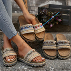 ZOFIA ATELIER Urszula exotic slide sandals with colorful woven straps and beaded details. Comfortable round toe, platform sole.