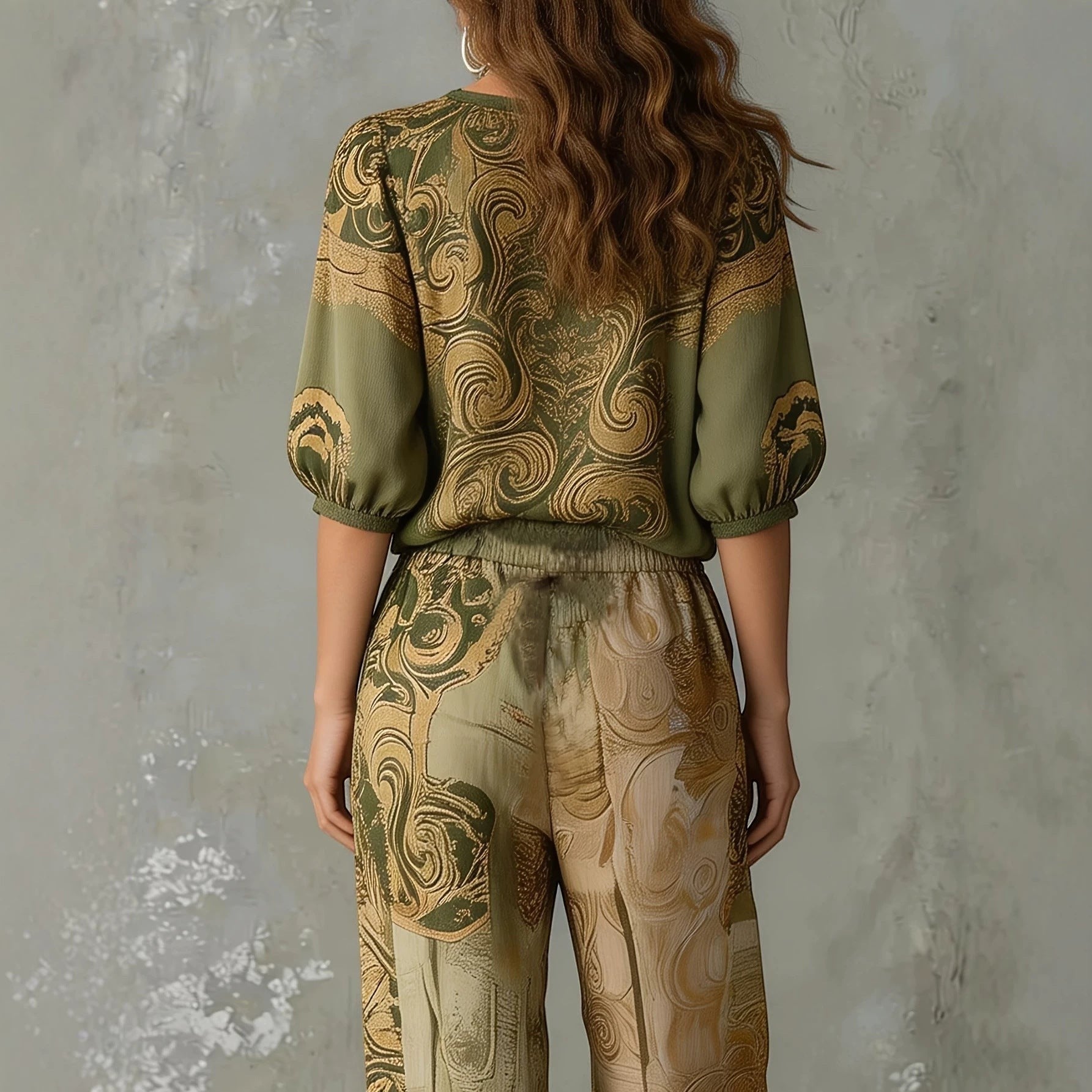 ZOFIA ATELIER FELICJA retro V-neck set in army green polyester with puff sleeves and full-length pants.