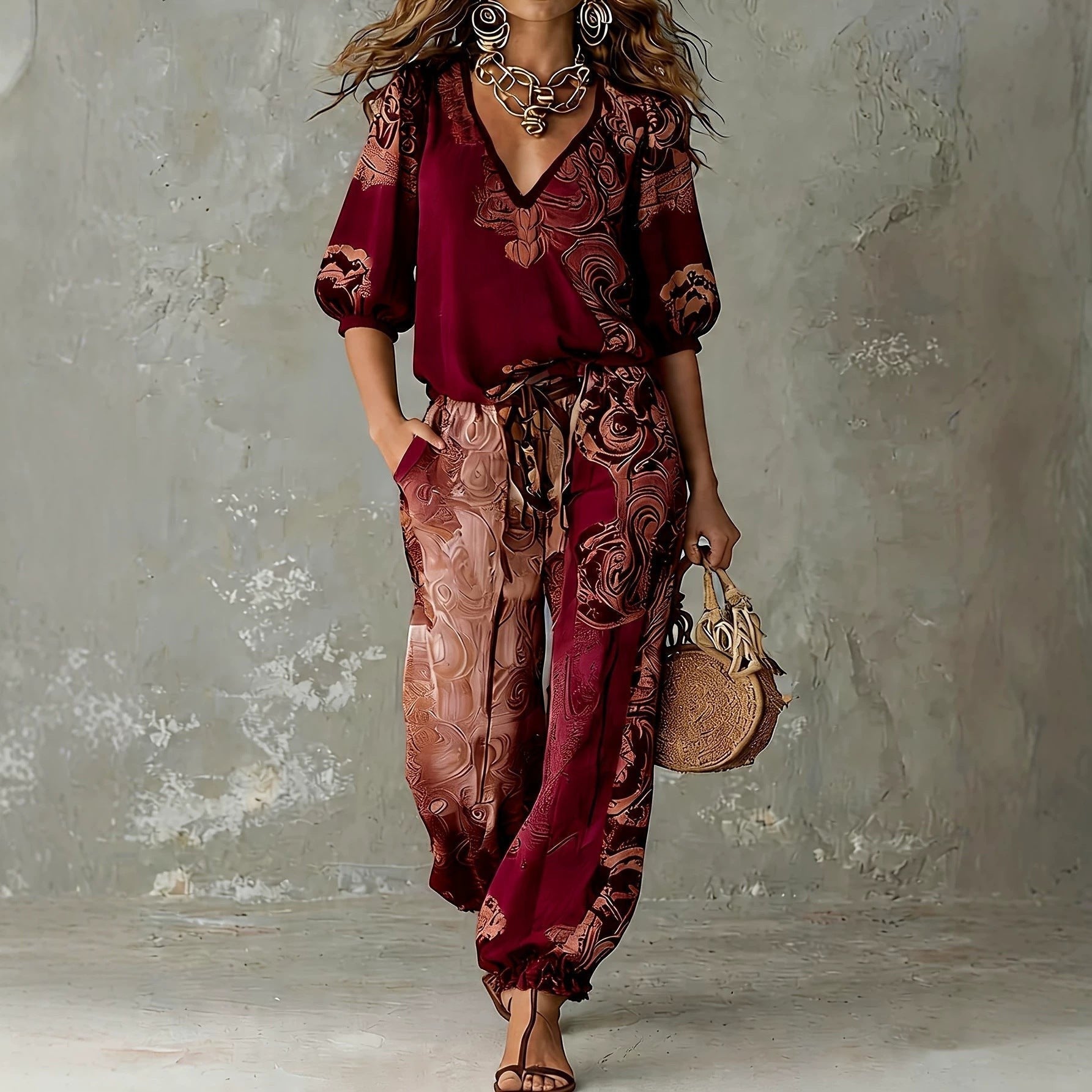 ZOFIA ATELIER FELICJA retro V-neck set with puff sleeves and full-length patterned pants in wine red and brown.