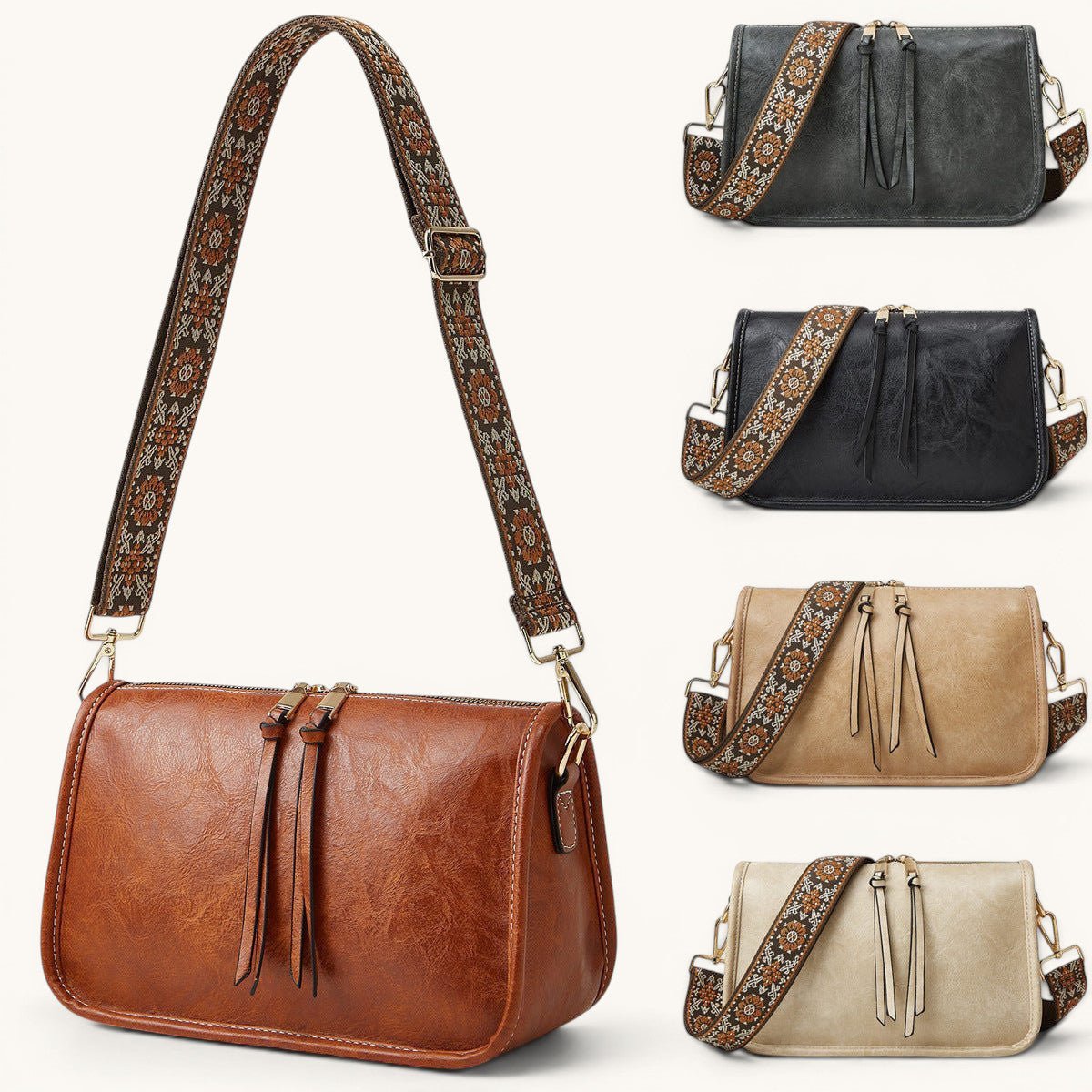 ZOFIA ATELIER FELICJA retro bohemian tote bag in brown PU leather with patterned strap and tassels.