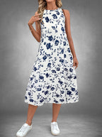 ZOFIA ATELIER sleeveless white polyester midi dress with navy floral print and relaxed fit.