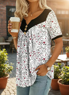 ZOFIA ATELIER white floral print v-neck short sleeve top with black trim and button detail