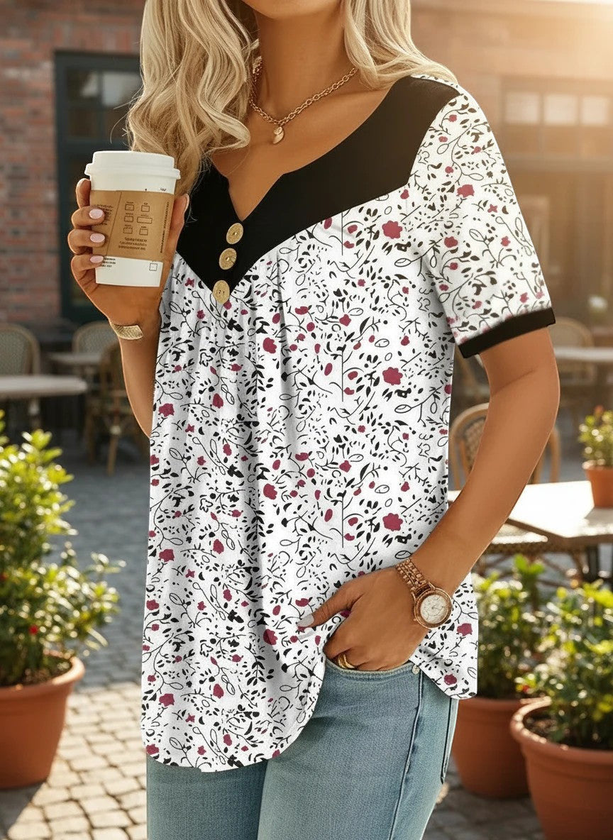 ZOFIA ATELIER white floral print v-neck short sleeve top with black trim and button detail