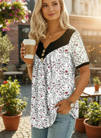 ZOFIA ATELIER white floral print v-neck short sleeve top with black trim and button detail