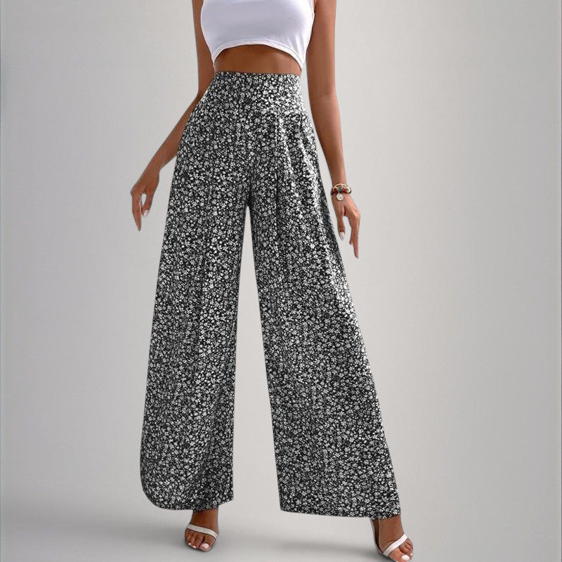 ZOFIA ATELIER black and white floral print wide leg casual pants, high waist, polyester
