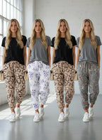 ZOFIA ATELIER Gabriela printed cotton linen pants in beige with brown circles, white with purple flowers, and gray with floral print.