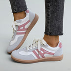ZOFIA ATELIER GABRIELA retro lace-up shoes in white, pink, and grey synthetic leather with a brown sole.