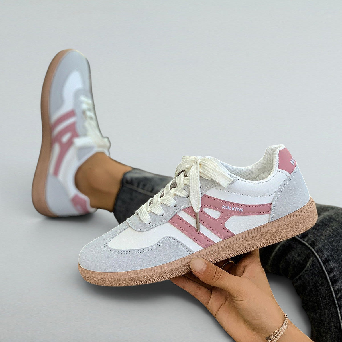 ZOFIA ATELIER GABRIELA retro lace-up shoes in white, pink, and grey synthetic leather with a round toe and gum sole.
