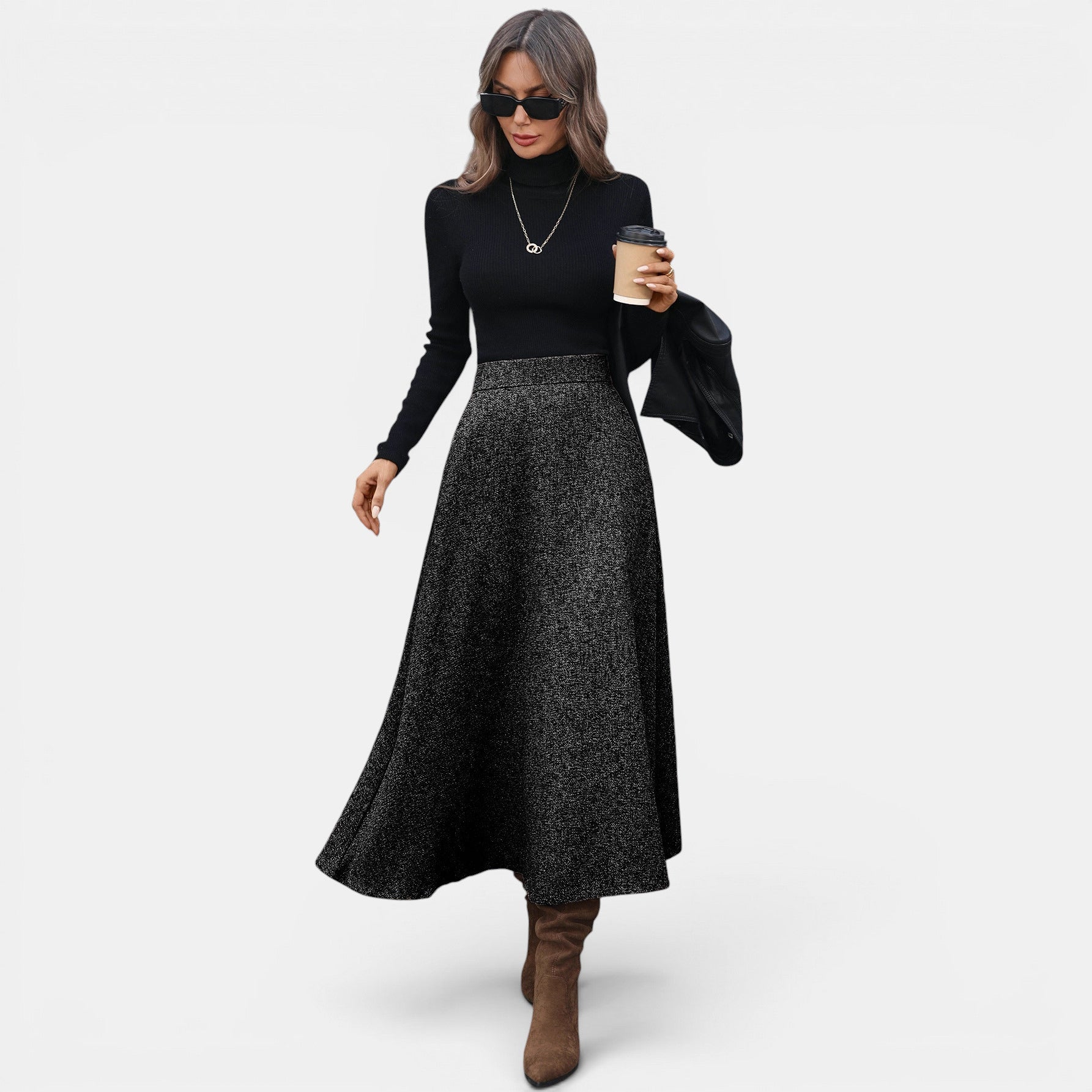 ZOFIA ATELIER GABRIELA draped wool A-line skirt in black with a textured finish, mid-length.