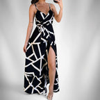 ZOFIA ATELIER Carmen geometric print mid-length dress with high waist and high slit, made of spandex.