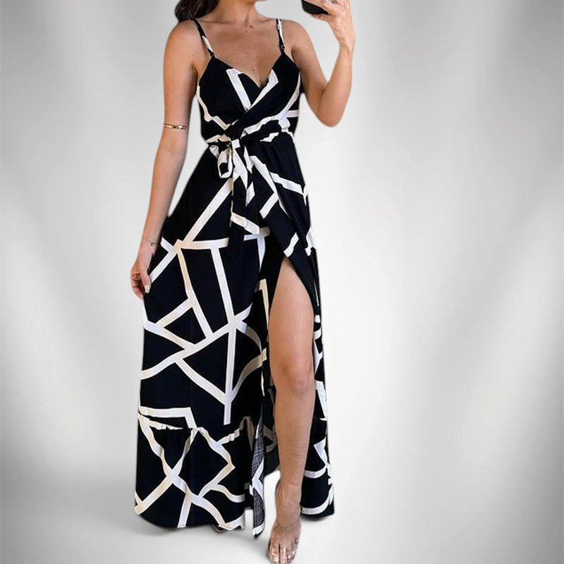 ZOFIA ATELIER Carmen geometric print mid-length dress with high waist and high slit, made of spandex.