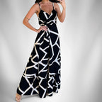 ZOFIA ATELIER Carmen geometric print black and white spandex mid-length sleeveless sling dress