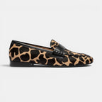 ZOFIA ATELIER Marta loafers with giraffe print calf hair and black leather trim, round toe, slip-on style.