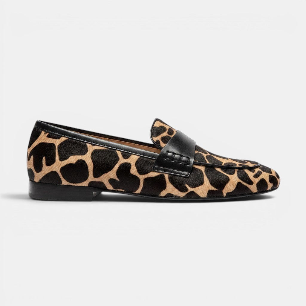 ZOFIA ATELIER Marta loafers with giraffe print calf hair and black leather trim, round toe, slip-on style.