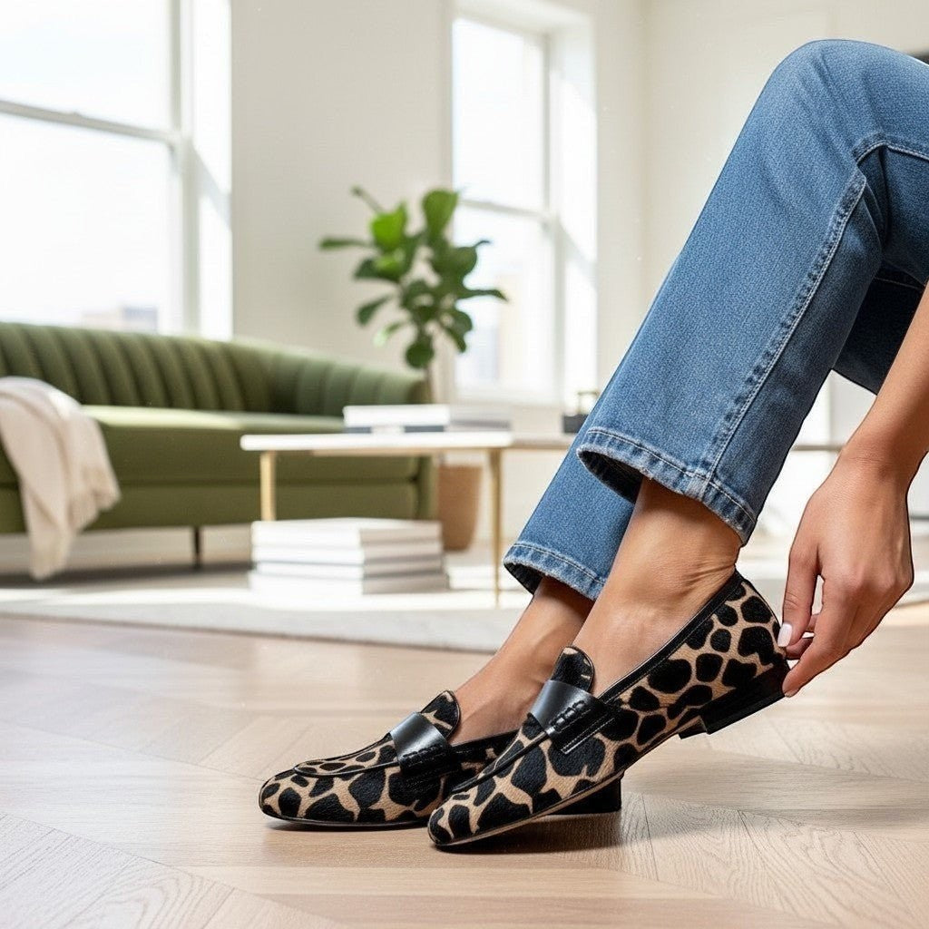 ZOFIA ATELIER women's tan and black giraffe print loafers with black trim and flat sole.