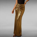 ZOFIA ATELIER gold pleated long skirt with ruched detail and moderate stretch, made of polyester fiber.