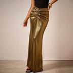 ZOFIA ATELIER gold metallic pleated long skirt with ruched detail and moderate stretch.