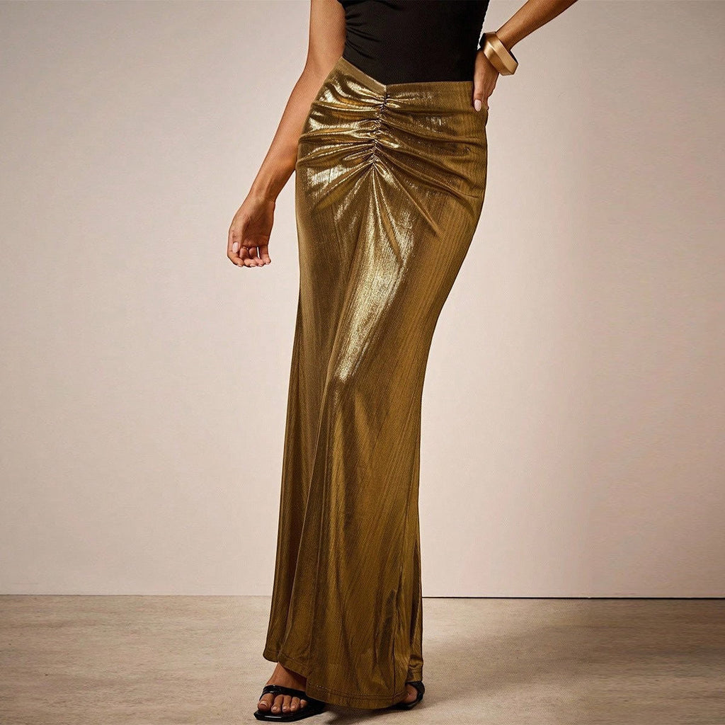 ZOFIA ATELIER gold metallic pleated long skirt with ruched detail and moderate stretch.