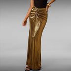 ZOFIA ATELIER gold pleated long skirt with ruched detail and moderate stretch, made of polyester fiber.