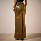 ZOFIA ATELIER gold pleated long skirt with ruched detail and moderate stretch, perfect for evening wear.