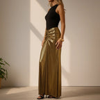 ZOFIA ATELIER gold pleated long skirt with ruched detail and moderate stretch, perfect for evening wear.