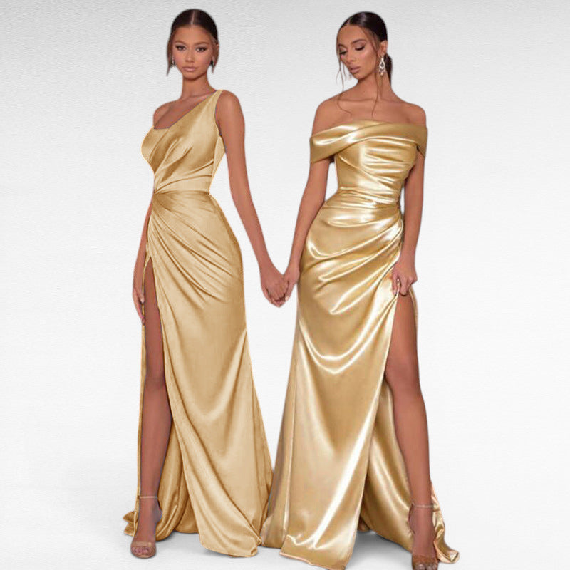 ZOFIA ATELIER gold satin woven dress with shoulder slit and high waist, perfect for formal events.