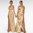 ZOFIA ATELIER gold satin woven dress with shoulder slit and high waist, perfect for formal events.