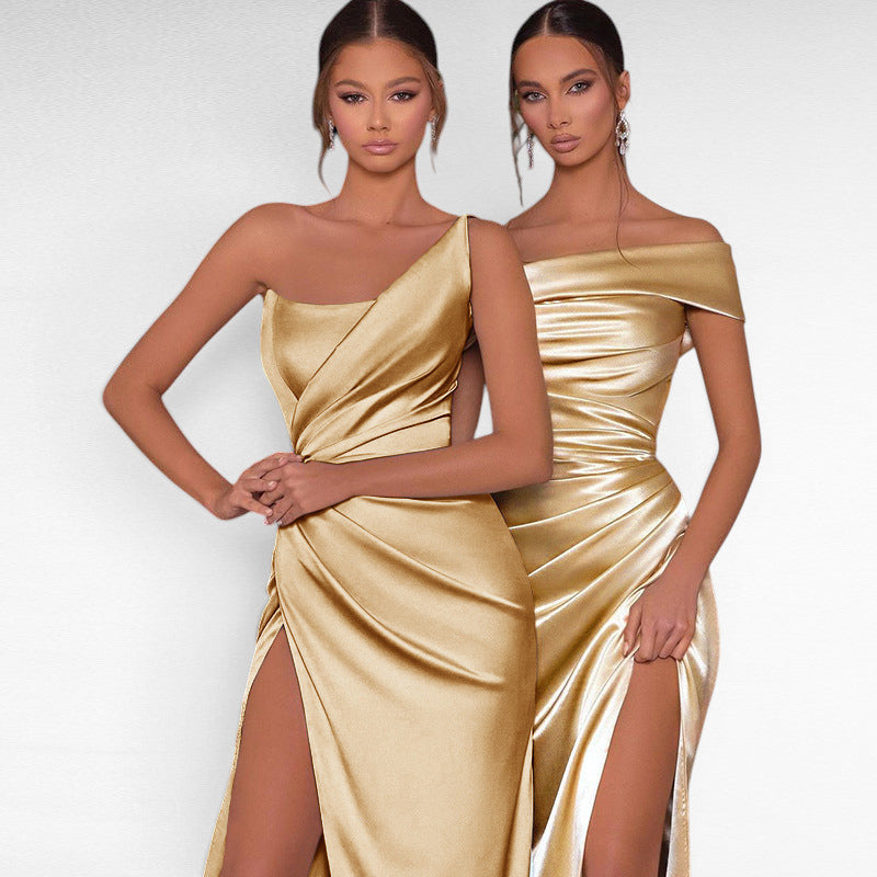 ZOFIA ATELIER gold satin woven dress with shoulder slit and high waist, on models.