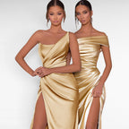 ZOFIA ATELIER gold satin woven dress with shoulder slit and high waist, on models.