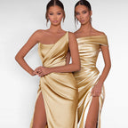 ZOFIA ATELIER gold satin woven dress with shoulder slit and high waist, on models.