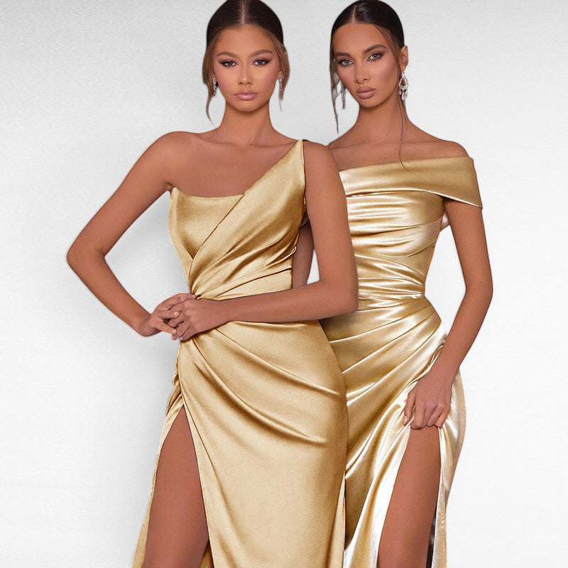 ZOFIA ATELIER gold satin woven dress with shoulder slit and high waist, on models.