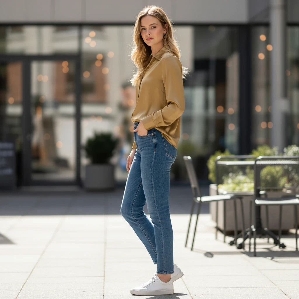 ZOFIA ATELIER elegant satin blouse in a golden hue, featuring a lapel neckline and button-down front, paired with blue jeans.