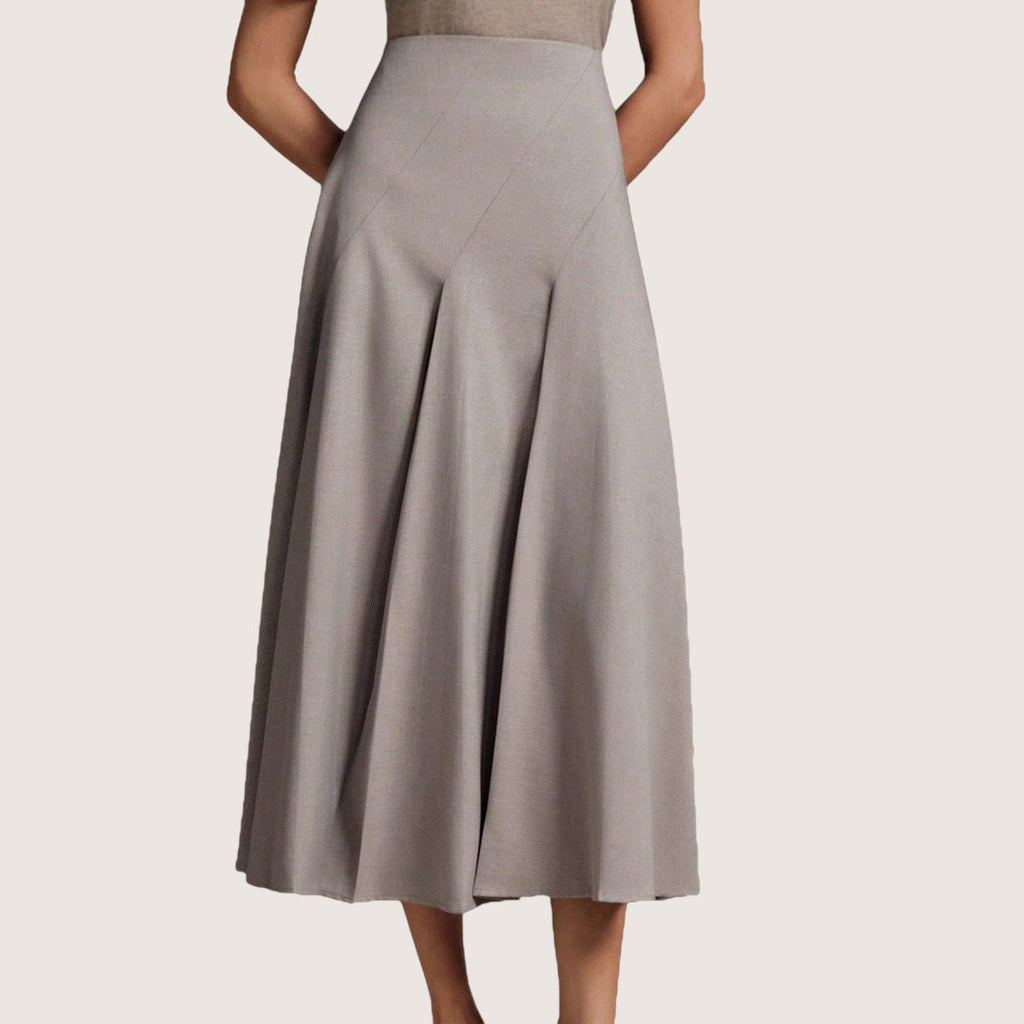 ZOFIA ATELIER gray polyester mid-length asymmetrical pleated skirt with a structured fit.