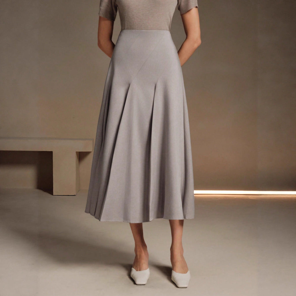 ZOFIA ATELIER gray polyester mid-length asymmetrical pleated skirt with a structured fit.