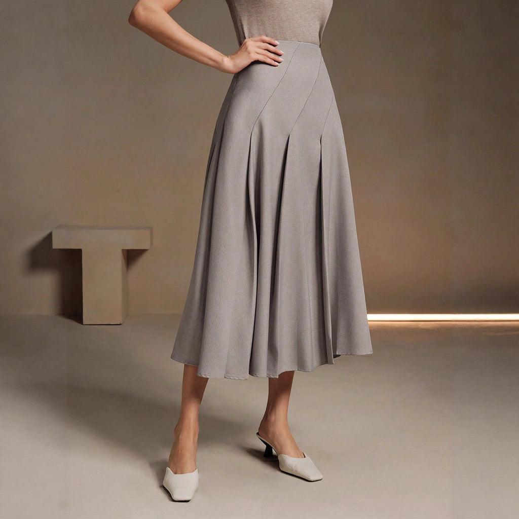 ZOFIA ATELIER gray polyester mid-length asymmetrical pleated skirt with a structured fit.