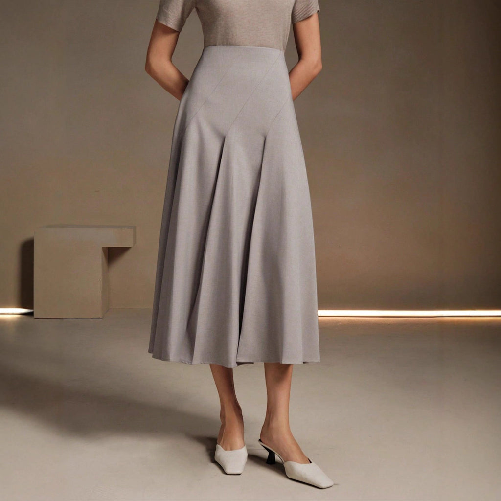 ZOFIA ATELIER gray polyester mid-length asymmetrical pleated skirt with a structured fit.