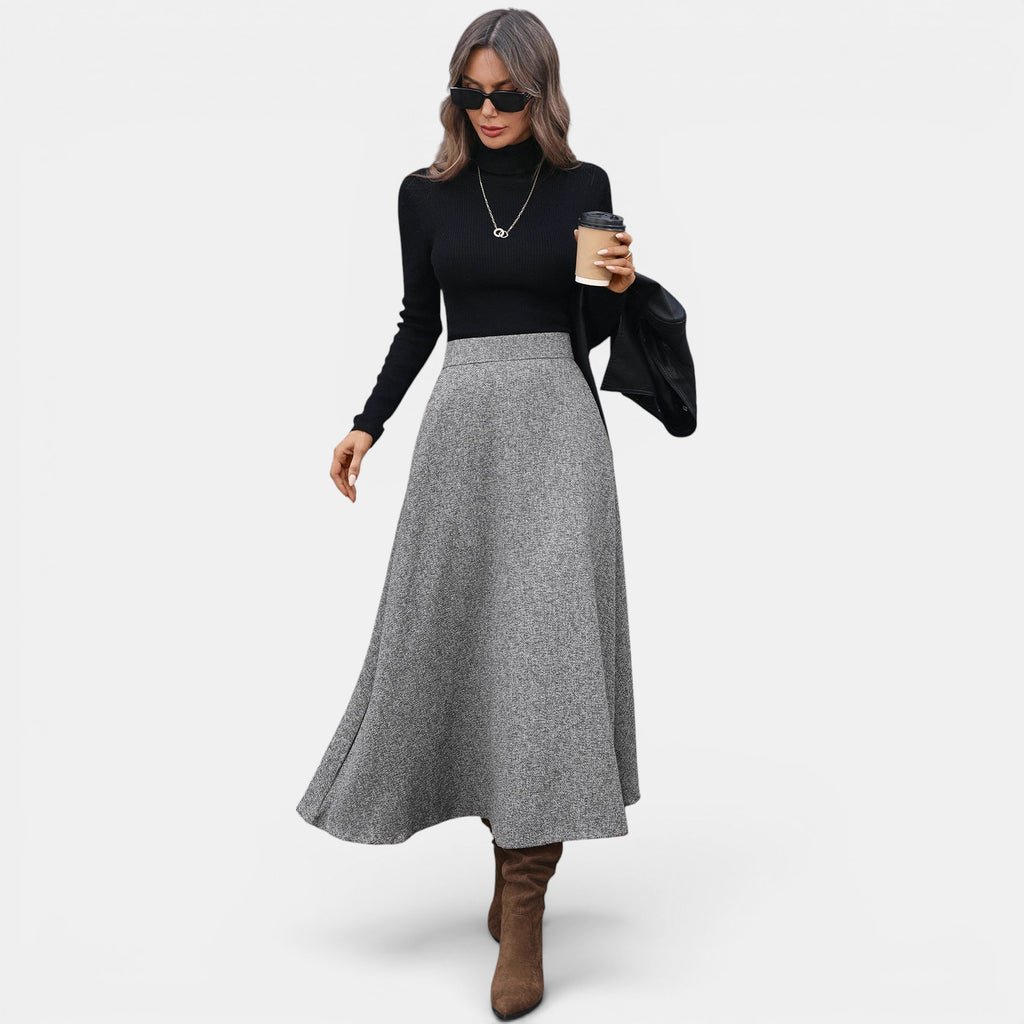 ZOFIA ATELIER gray tweed A-line wool blend midi skirt with a flattering fit and elegant drape.