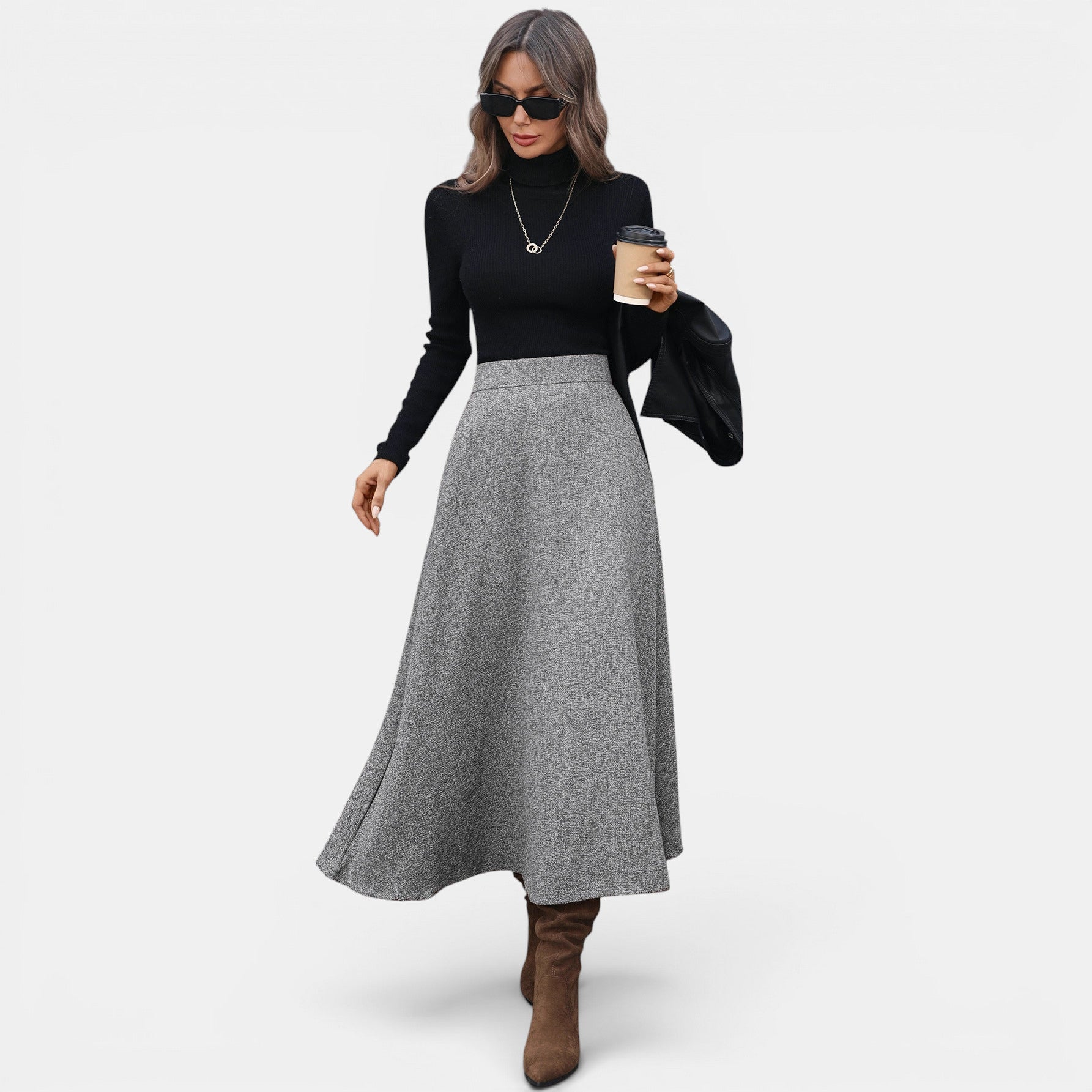 ZOFIA ATELIER gray tweed A-line wool blend midi skirt with a flattering fit and elegant drape.