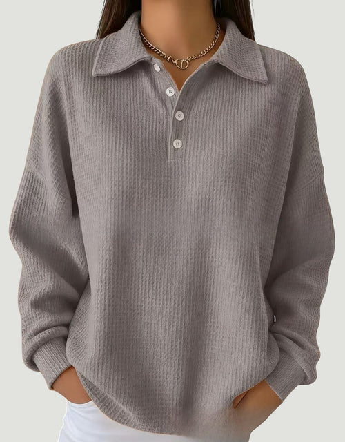 ZOFIA ATELIER gray waffle knit polo shirt with lapel and button closure, relaxed fit, mid-length