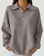 ZOFIA ATELIER gray waffle knit polo shirt with lapel and white buttons, relaxed fit, mid-length