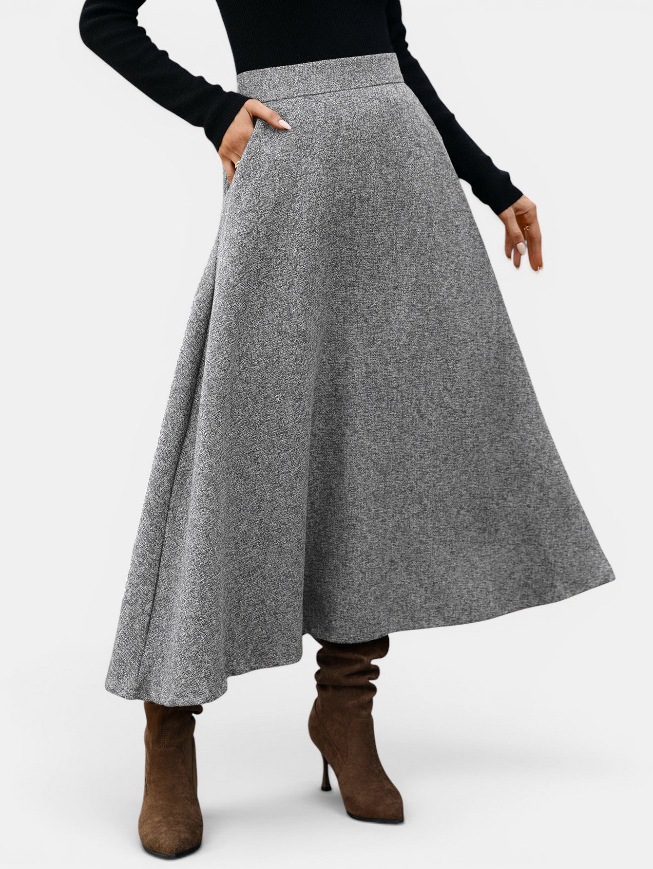 ZOFIA ATELIER gray A-line wool blend midi skirt with pockets and a flattering drape.