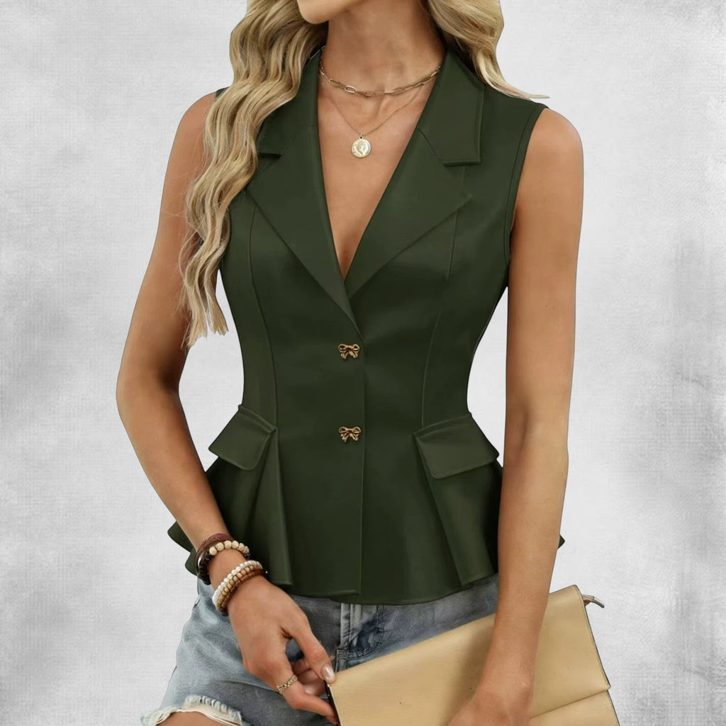 ZOFIA ATELIER sleeveless green chenille vest with bow-tie V-neck and button front