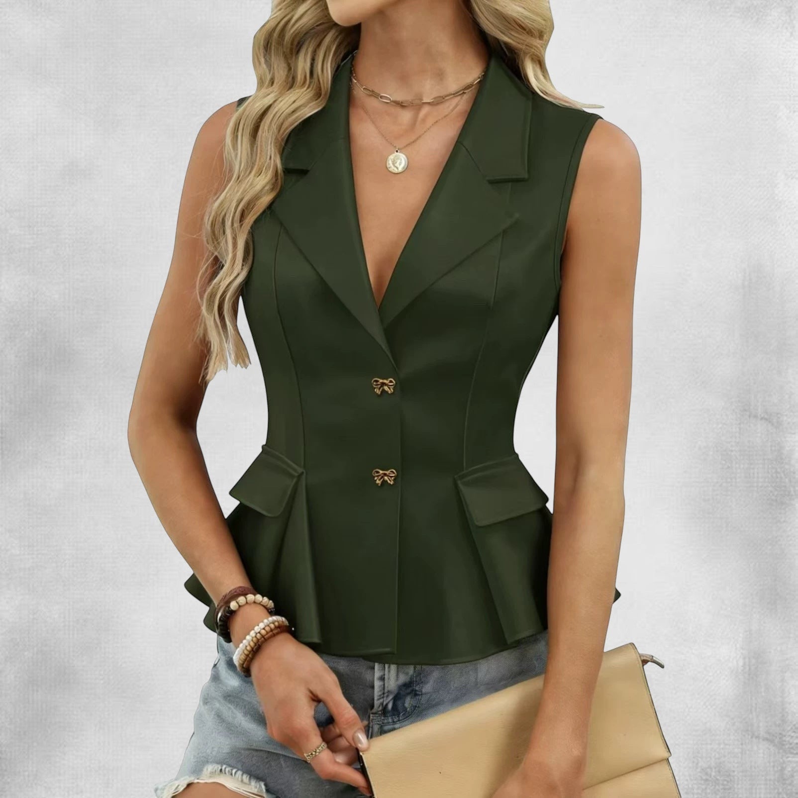 ZOFIA ATELIER sleeveless green chenille vest with bow-tie V-neck and button front